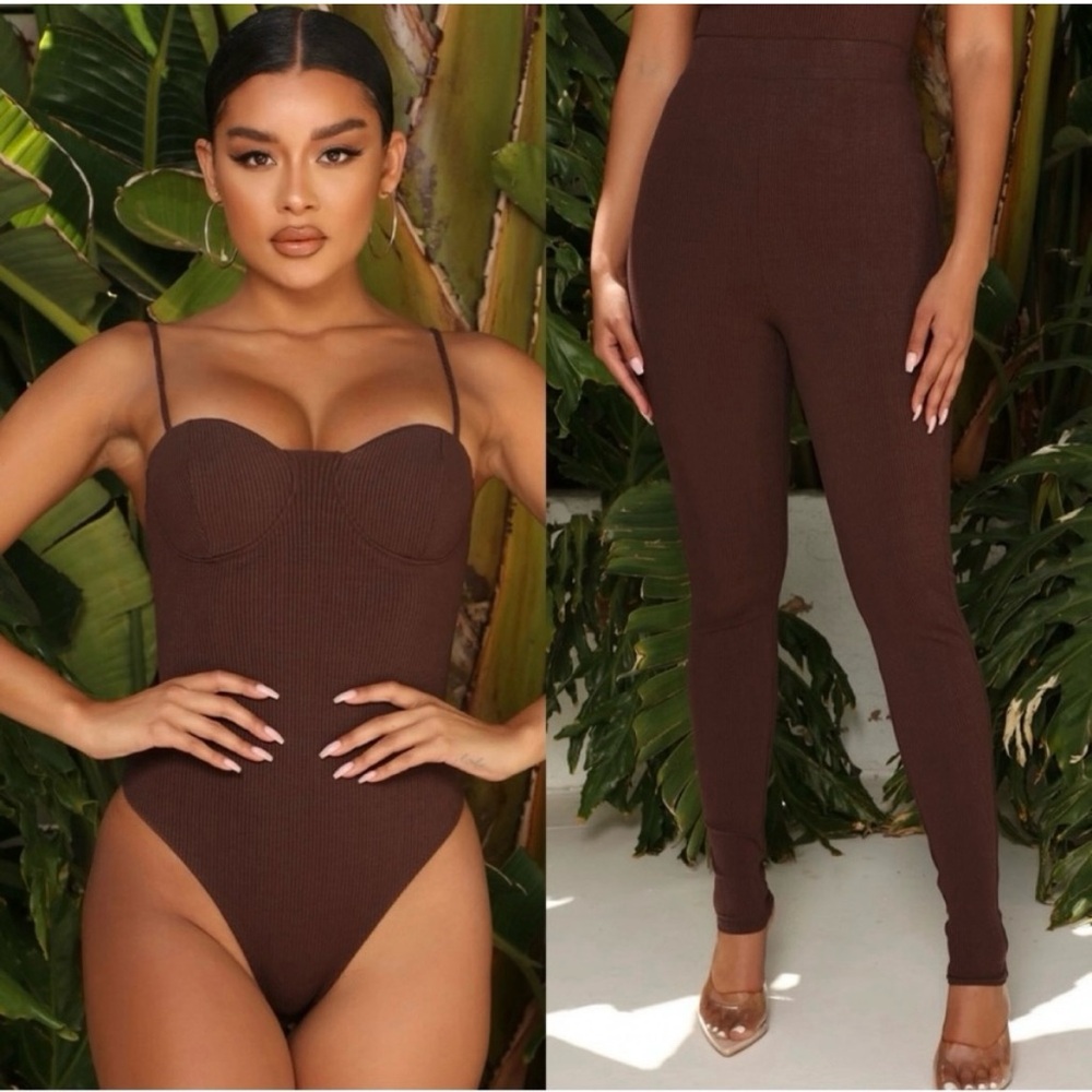 Fashion Nova Chocolate Bodysuit + Leggings SET - Picture 2 of 6